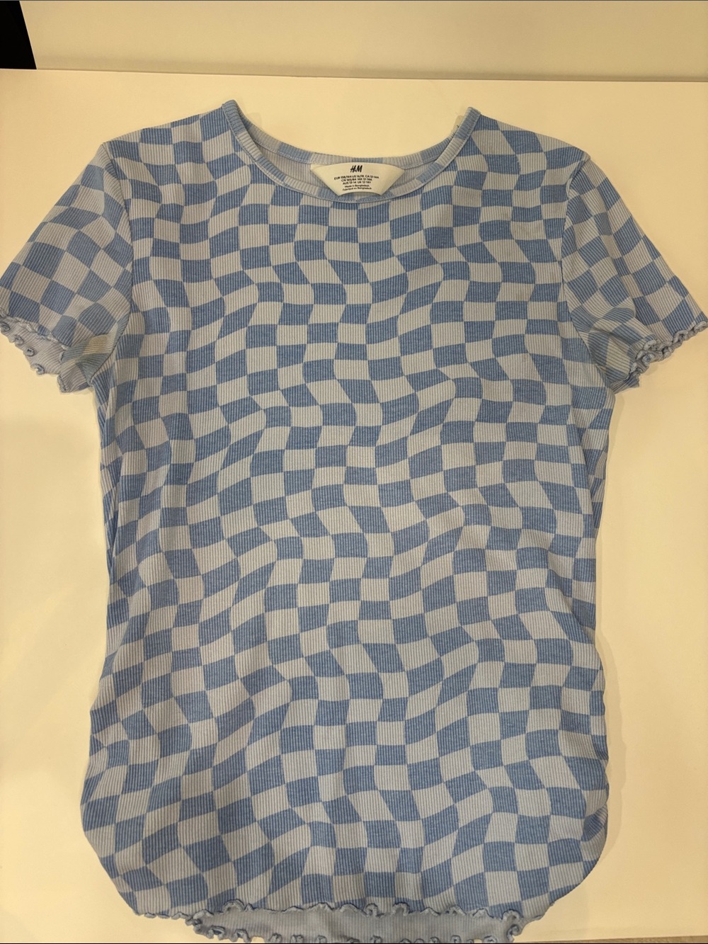 H&M Light Blue Checker Short Sleeve Tee size 16-18
